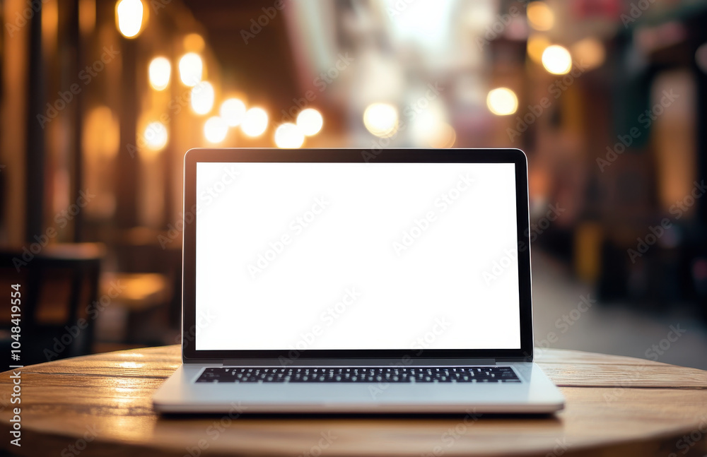 modern laptop sits on wooden table in cozy, illuminated setting, perfect for work or relaxation. blank screen invites creativity and productivity modern laptop sits on wooden table in cozy, illuminated setting, perfect for work or relaxation. blank screen invites creativity and productivity