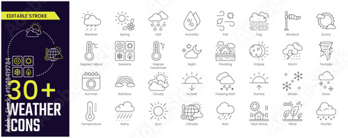 Weather Stroke icon collections. Containing Spring, Hail, Humidity, Fall, Fog, Winter, Snow, Wind, Rainy, and Seasons icons. Editable Stroke icon collection Outline icon