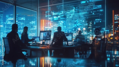 Wallpaper Mural Silhouettes of People Working in a High-Tech Office at Night Torontodigital.ca