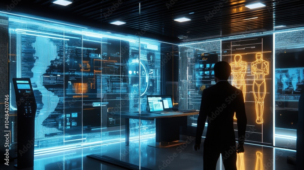 Futuristic Digital Command Center with Holographic Displays and Silhouetted Figure Futuristic Digital Command Center with Holographic Displays and Silhouetted Figure