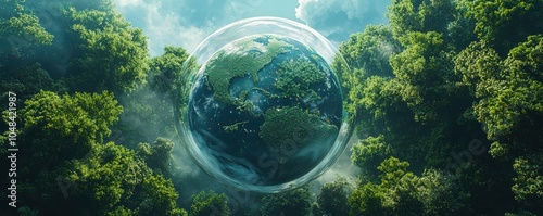 A top-down view of the Earth encapsulated in a transparent sphere surrounded by lush green forest photo