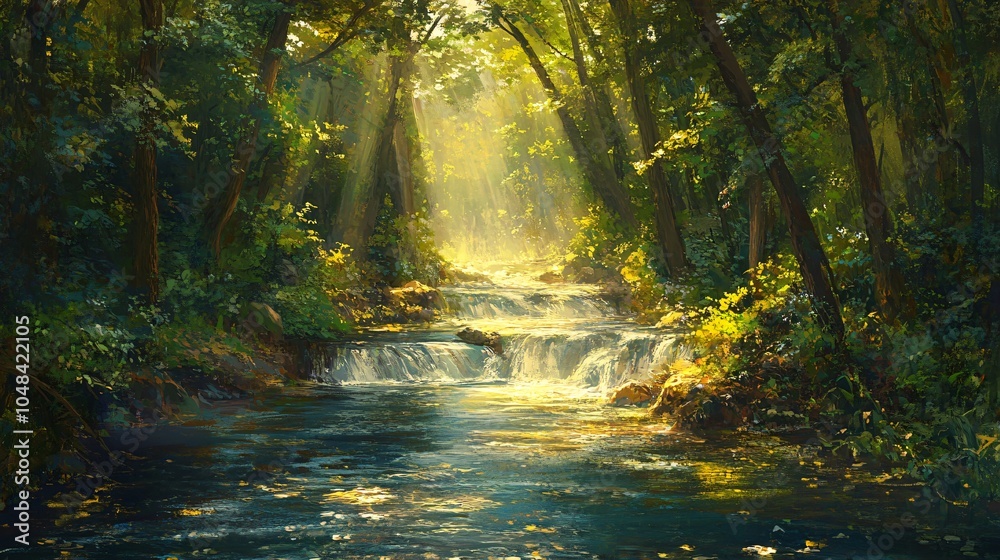 Obraz premium Serene Forest Stream With Sunlight Breaking Through The Canopy