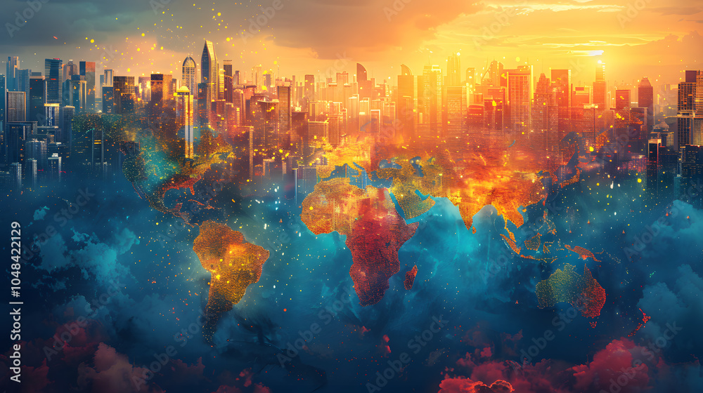 Obraz premium Dynamic double exposure of global business building and world map of international connection, professional corporate strategy in finance, teamwork, innovation to drive global growth and development.