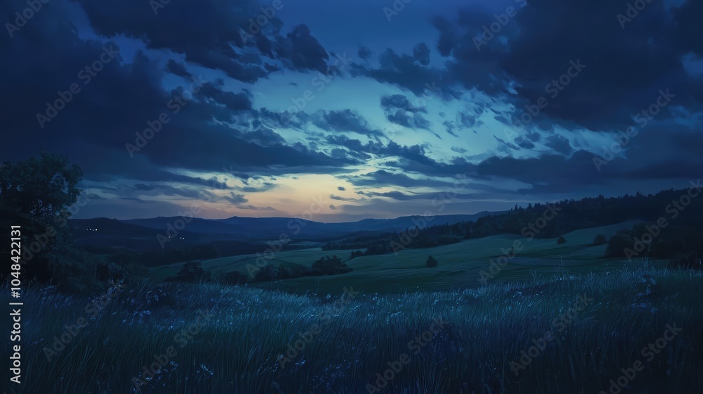 A moody twilight sky with dark blue tones and a soft glow on the horizon, casting long shadows across a peaceful landscape A moody twilight sky with dark blue tones and a soft glow on the horizon, casting long shadows across a peaceful landscape