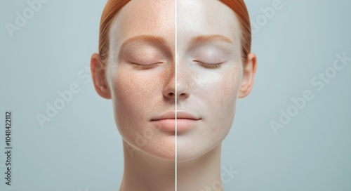 Face before and after treatment, showing reduction of scars and pigmentation spots, with an EGF serum. Rhytidectomy procedure, facelift surgery, anti age treatment. photo