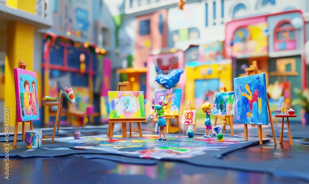 Naklejka premium Miniature artists paint colorful canvases.