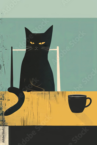 Stylized Illustration of a Black Cat Sitting at a Table with a Coffee Cup, Featuring Minimalist Design and Bold Colors for Modern Decor or Pet Themes. photo