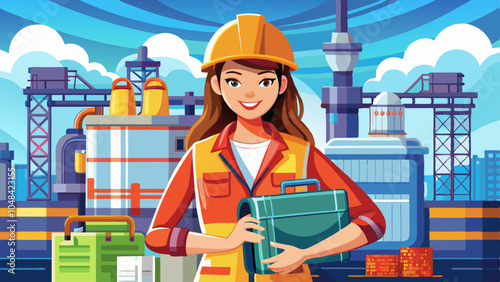 A female engineer carries a bag and inspects an industrial factory.