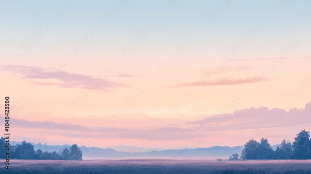 Obraz premium A peaceful pastel sky at dawn with subtle tones of peach, lavender, and sky blue blending seamlessly over a quiet landscape