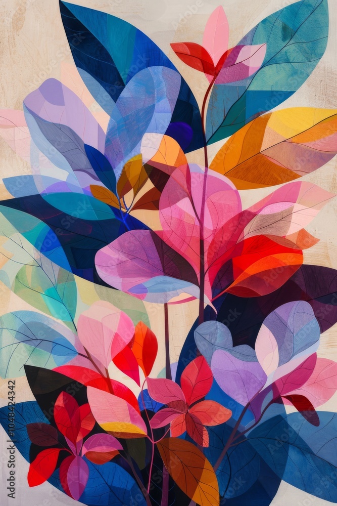 Vibrant Abstract Plant Illustration with Colorful Leaves and Floral Shapes, Perfect for Modern Design and Nature-Inspired Art Decor.