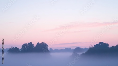 A serene foggy sky at dawn with soft pastel tones of pink and blue barely visible through the heavy morning mist