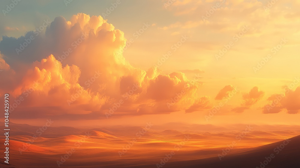 Obraz premium A serene golden hour sky with soft orange and peach clouds, casting long shadows across a peaceful landscape