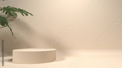 Orange light podium display product decorated wiyh leaf 3d rendering