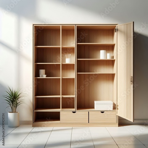 Wooden bookshelf with empty shelves in a room, interior design with storage boxes and clear walls, open space for books and furniture in an office or home photo