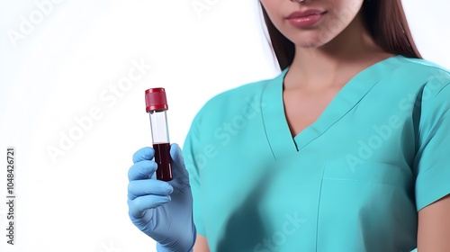 nurse holding a blood test tube, wearing scrubs  isolated on a bright white background photo