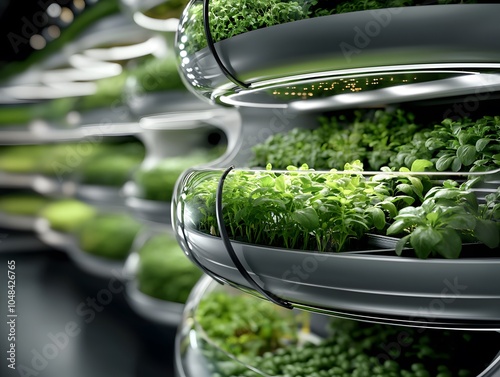 Futuristic Vertical Hydroponic Farm with Lush Green Plants in Modern Capsules photo