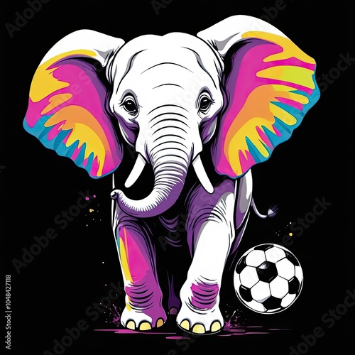 A colorful elephant kicks a soccer ball against a black background photo