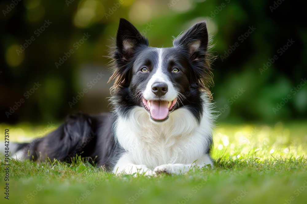 happy border collie lies on grass, showcasing its playful nature and friendly demeanor. dogs expressive eyes and bright smile add to joyful atmosphere of scene happy border collie lies on grass, showcasing its playful nature and friendly demeanor. dogs expressive eyes and bright smile add to joyful atmosphere of scene