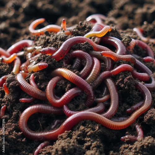 A close-up of an earth worm on the ground with a brown and red earth background