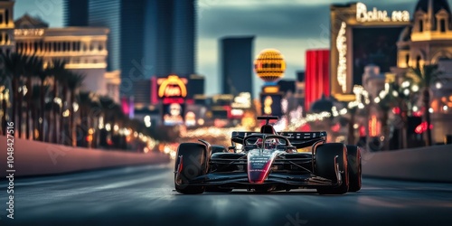 Formula One Race Car Speeds Through Las Vegas  City Lights  at Night