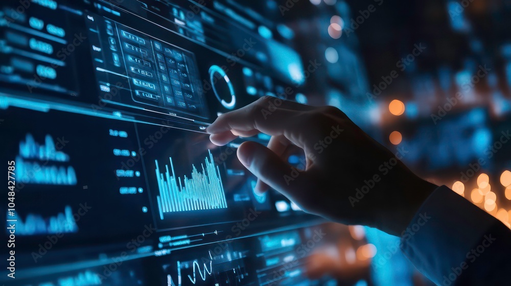 A hand interacts with a futuristic touchscreen interface displaying data and charts. A hand interacts with a futuristic touchscreen interface displaying data and charts.