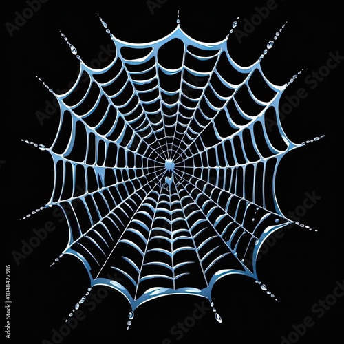 A blue spider web with dew drops hanging from its strands against a black background photo