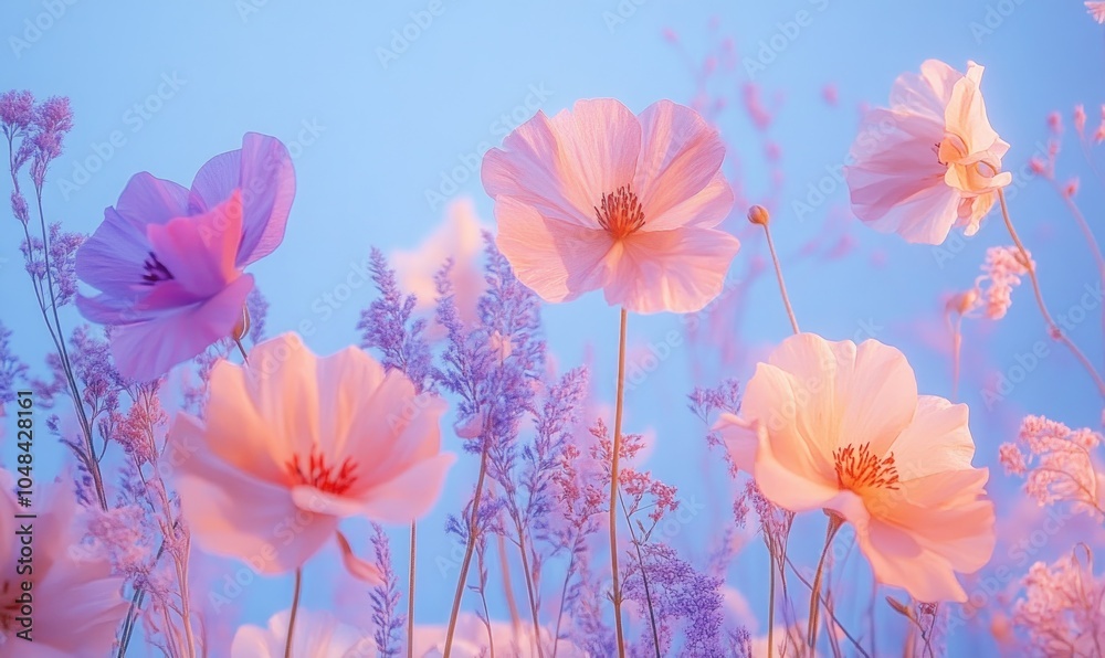 A field of pink flowers with a blue sky in the background A field of pink flowers with a blue sky in the background
