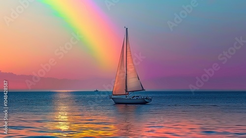Sailing Boat at Sunset with Vibrant Rainbow Over the Ocean, Peaceful Evening Seascape