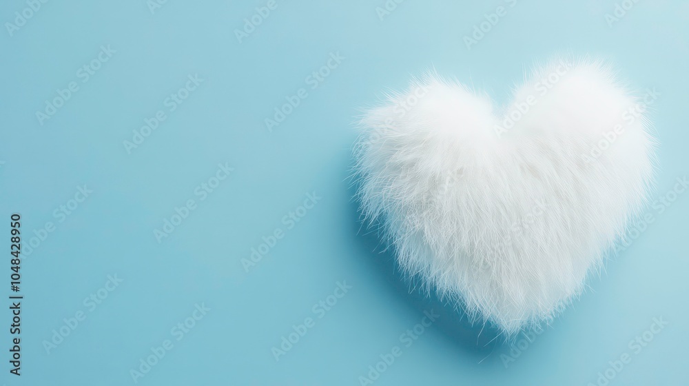 A white furry heart shape on a light blue background, copy space. A white furry heart shape on a light blue background, copy space.