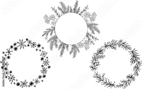 Vector frames with coniferous branches, snowflakes, rowan. Hand drawn ink festive winter borders with plants for text. Design elements for congratulating of holidays, invitation, New Year, Christmas