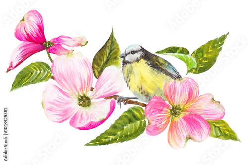 Watercolor illustration, titmouse sitting on a flowering dogwood branch, with beautiful pink flowers. Hand-painted watercolor spring drawing.