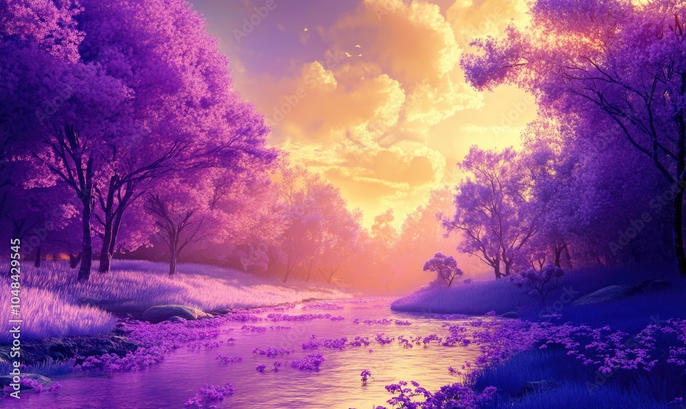 A beautiful purple forest with a river running through it