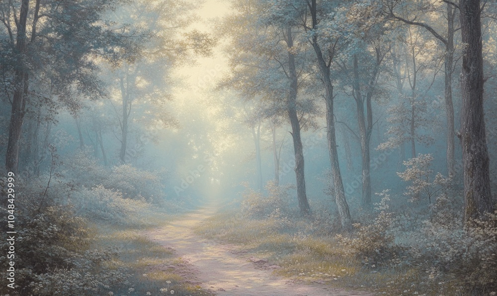 Obraz premium A painting of a forest path with trees in the background