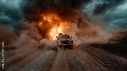 An armored vehicle speeds away from a raging explosion on a dirt path, engulfed in smoke and flames, illustrating survival and resilience amidst chaos. photo