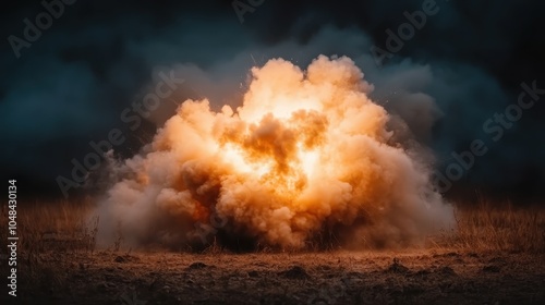 A powerful explosion erupts in a field, creating a massive plume of smoke and fire, showcasing the raw energy and chaos of a detonated blast in an open area.