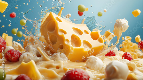 vibrant splash of cheese surrounded by colorful toppings creates playful scene