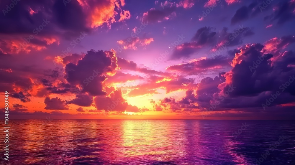 A stunning twilight sky with rich orange, purple, and pink clouds spreading across the horizon, casting a warm glow A stunning twilight sky with rich orange, purple, and pink clouds spreading across the horizon, casting a warm glow