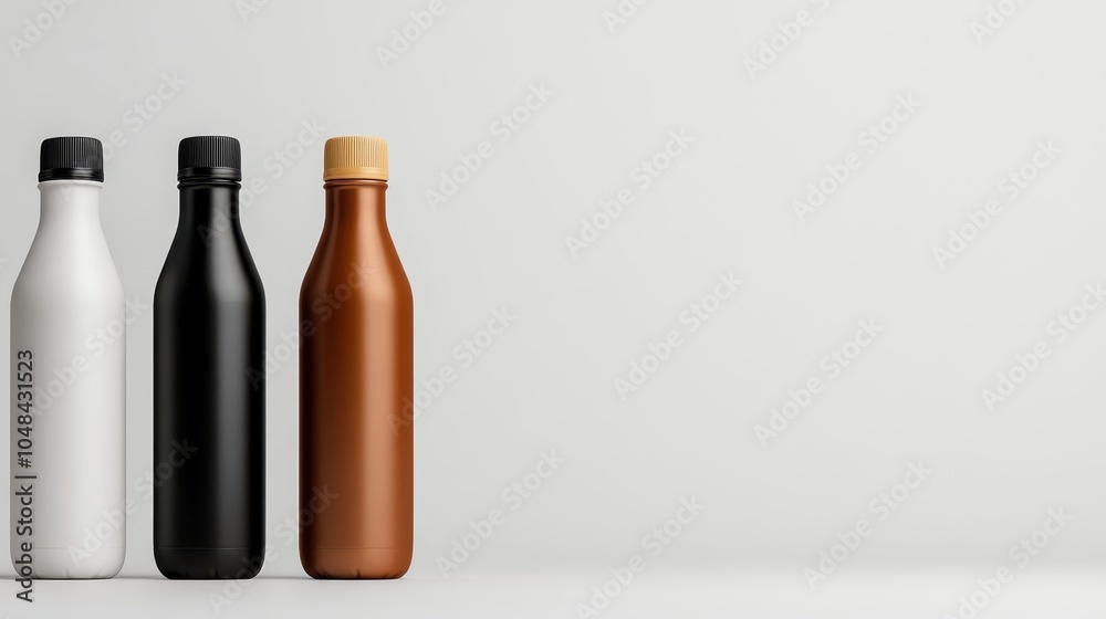 Three bottles in black, white, and brown colors are featured in a neat row, creating a balanced visual composition on a neutral background, evoking harmony. Three bottles in black, white, and brown colors are featured in a neat row, creating a balanced visual composition on a neutral background, evoking harmony.