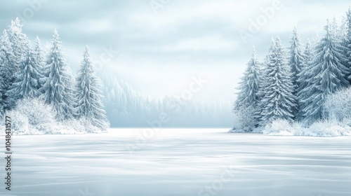 Serene Winter Landscape with Snowy Trees and Frozen Lake