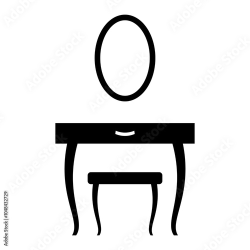 Illustration showing a black icon of a dressing table with a mirror on a white background