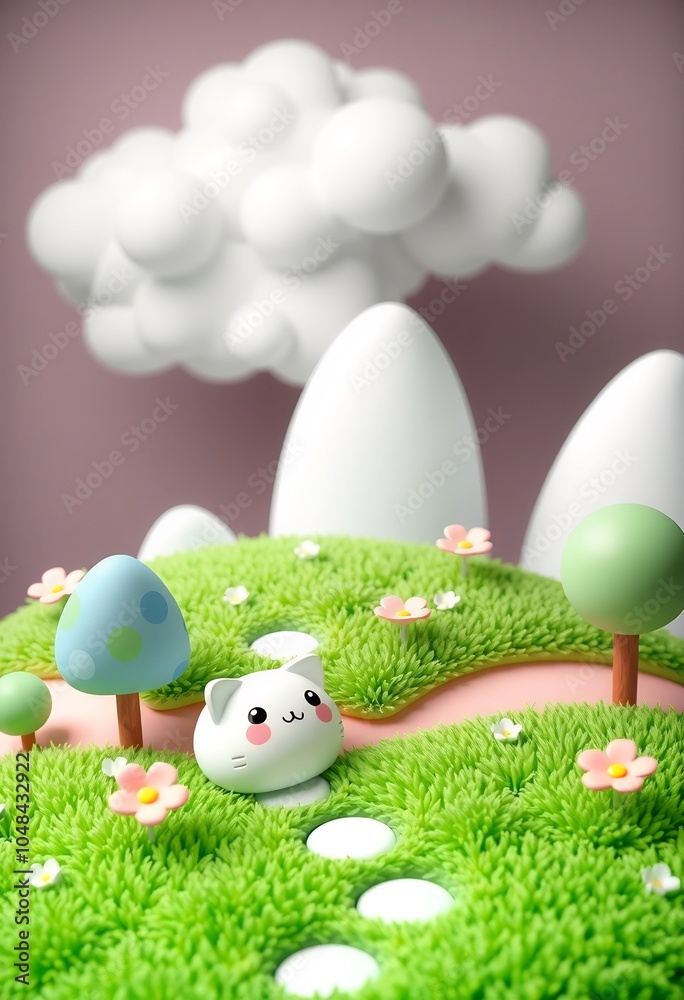 Cute cartoon cat in a green grass field with a pink flower and a blue tree. Cute cartoon cat in a green grass field with a pink flower and a blue tree.