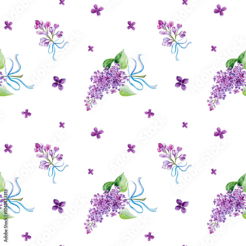 Seamless pattern.Watercolor illustration with beautiful lilac branches and cute bows. Hand painted watercolor seamless spring pattern,seamless pattern with lilac flowers and bows