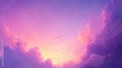 A tranquil pastel sky at twilight with soft purple and pink clouds illuminated by the fading light of the setting sun