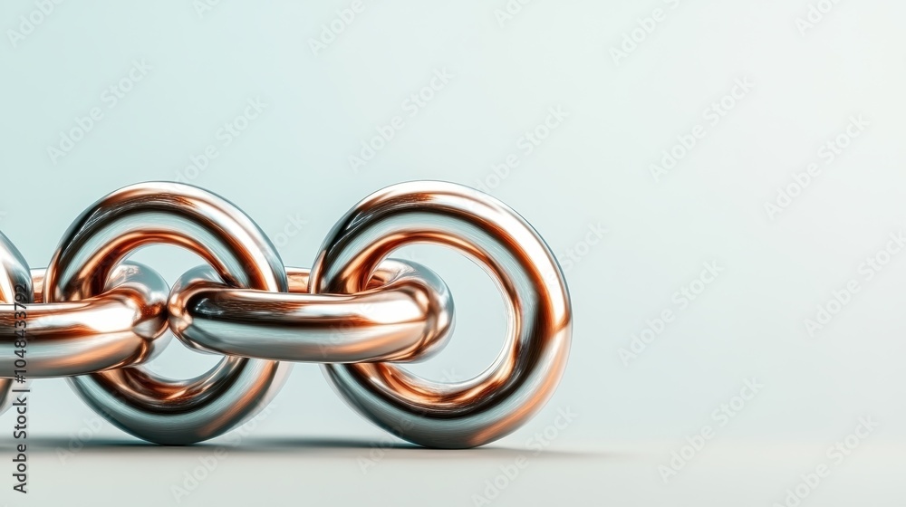 A vibrant close-up view of a shiny metallic chain showcases three interconnected links, representing strength, connection, and unity against a soft backdrop. A vibrant close-up view of a shiny metallic chain showcases three interconnected links, representing strength, connection, and unity against a soft backdrop.