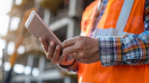 A construction manager using their tablet to send and receive updates and communicate with team members. photo