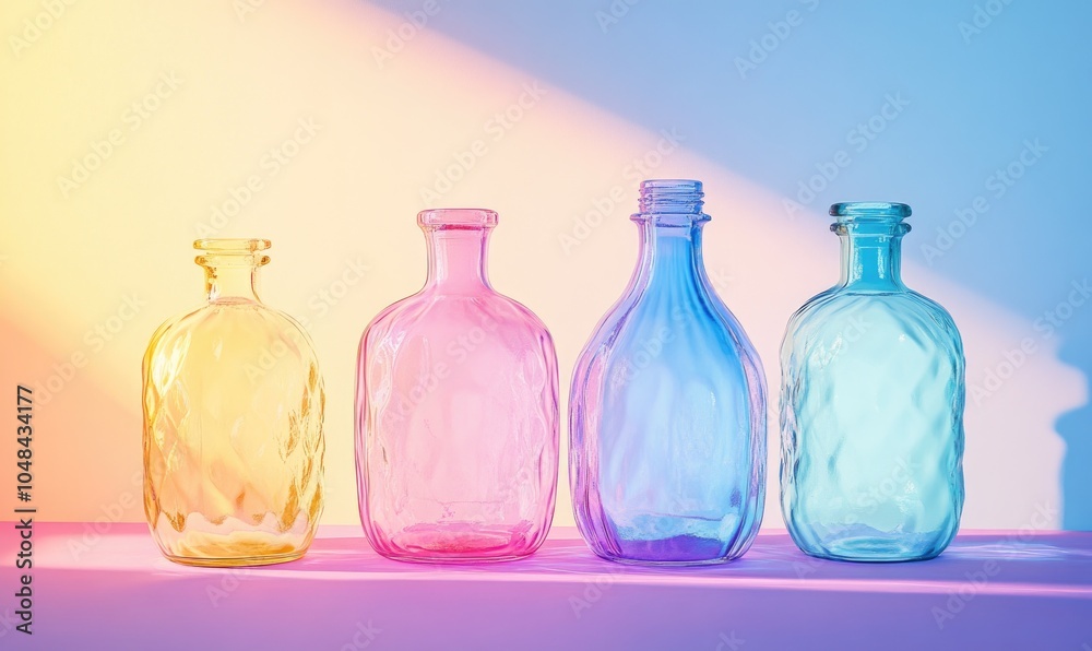 Four colorful glass vases are lined up on a table, each with a different color