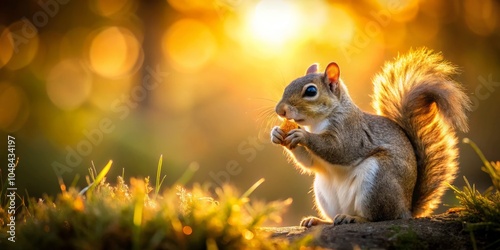 Adorable Squirrel Enjoying a Nut in the Golden Hour - Cute Wildlife Photography, Nature, Autumn, Forest, Animals, Small Creatures 