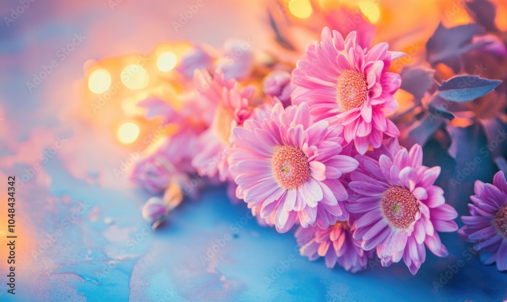 A bouquet of pink flowers is displayed on a blue background A bouquet of pink flowers is displayed on a blue background