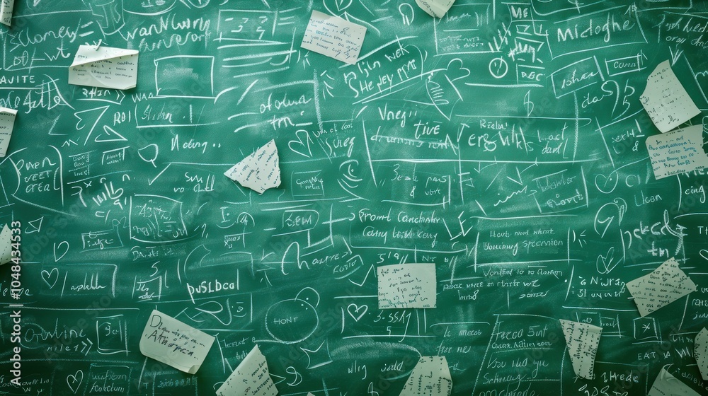 Fototapeta premium A Green Chalkboard Covered in Scribbled Notes and Drawings