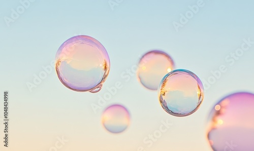 A group of bubbles floating in the air with a blue sky background